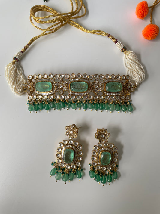 Gold Finish Jade Green Stone Kundan Choker Set with Pearl String