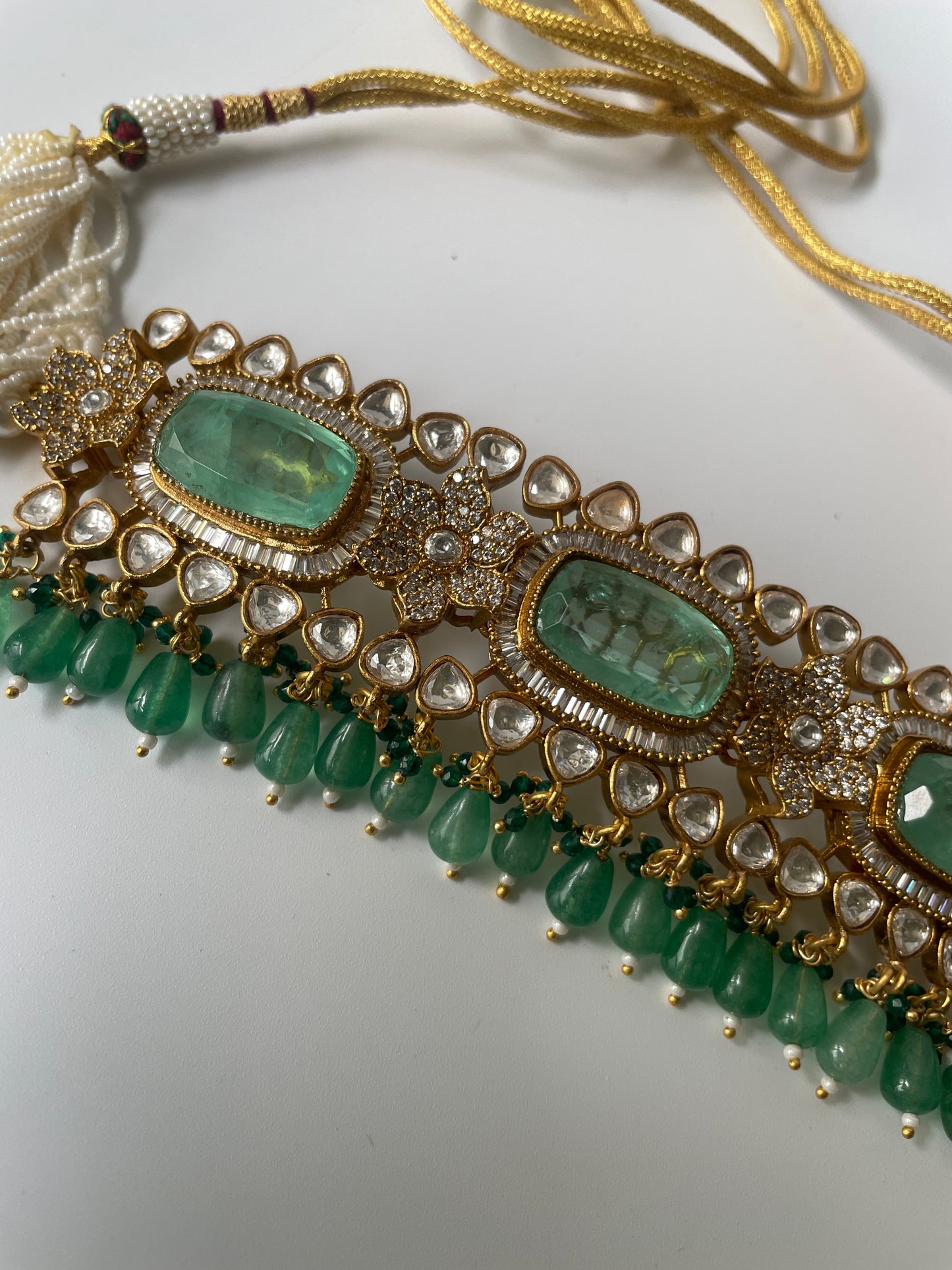 Gold Finish Jade Green Stone Kundan Choker Set with Pearl String