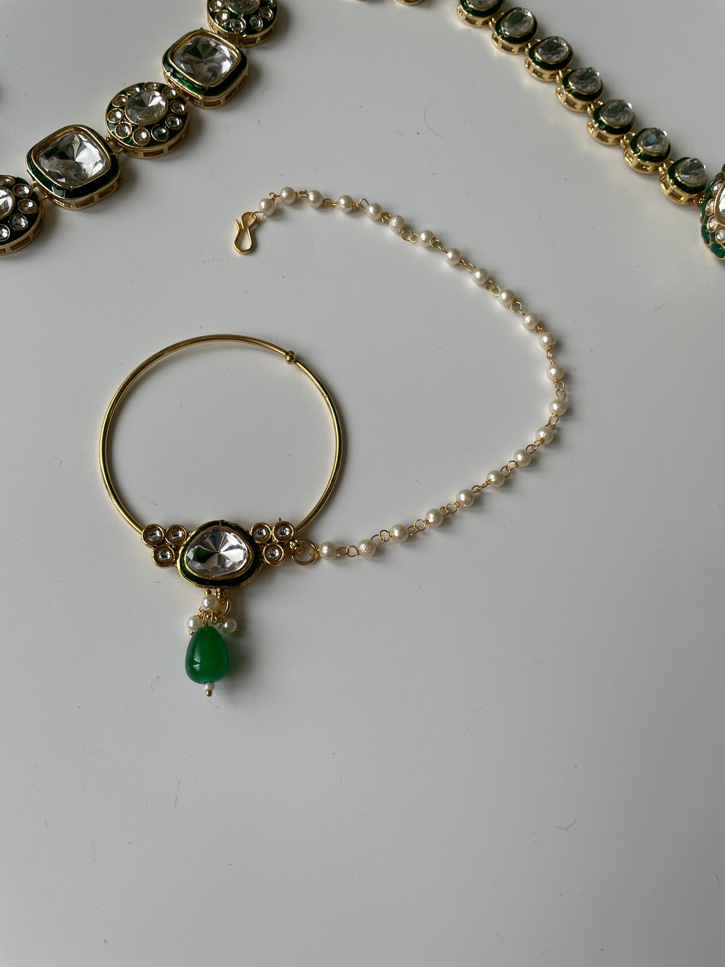 Emerald Green Kundan Necklace Set, Mathapatti, Nose Ring and Hand Harness