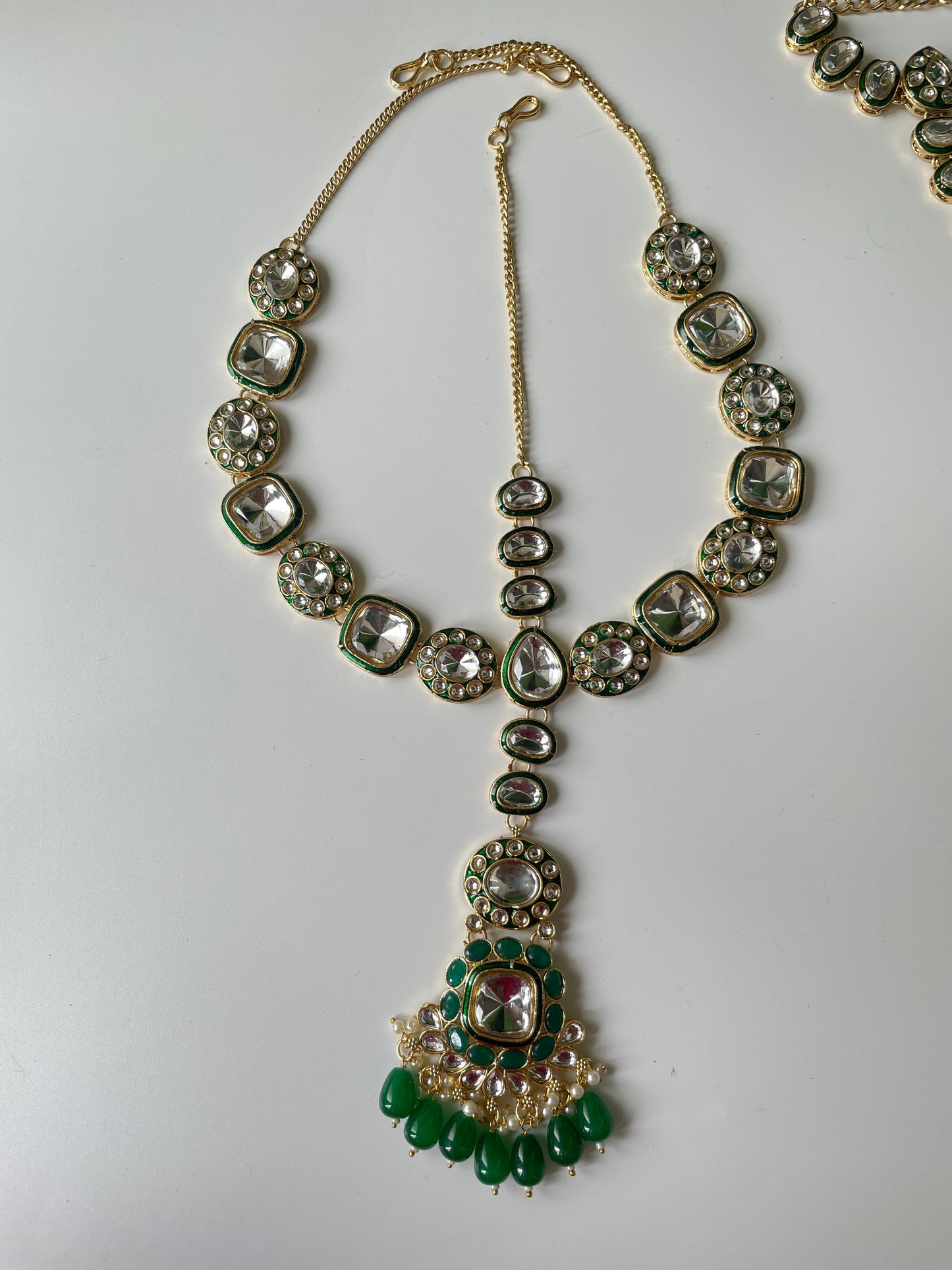 Emerald Green Kundan Necklace Set, Mathapatti, Nose Ring and Hand Harness