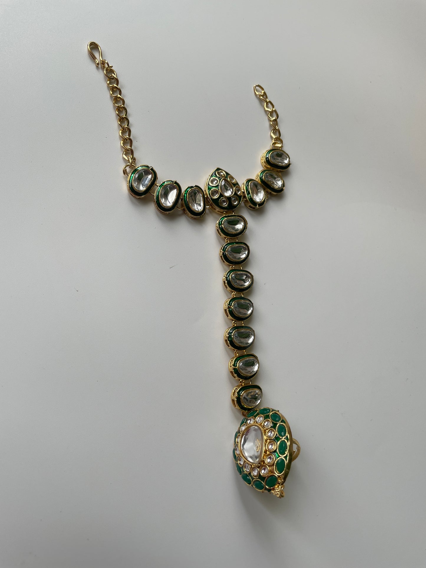 Emerald Green Kundan Necklace Set, Mathapatti, Nose Ring and Hand Harness