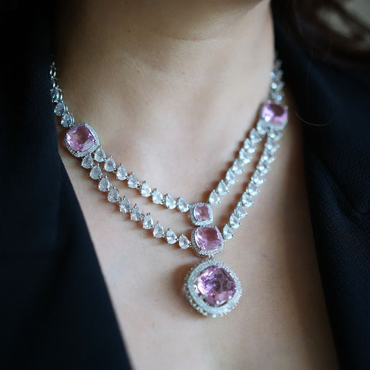 Layered Blush Pink Stone and Zircon Necklace Set