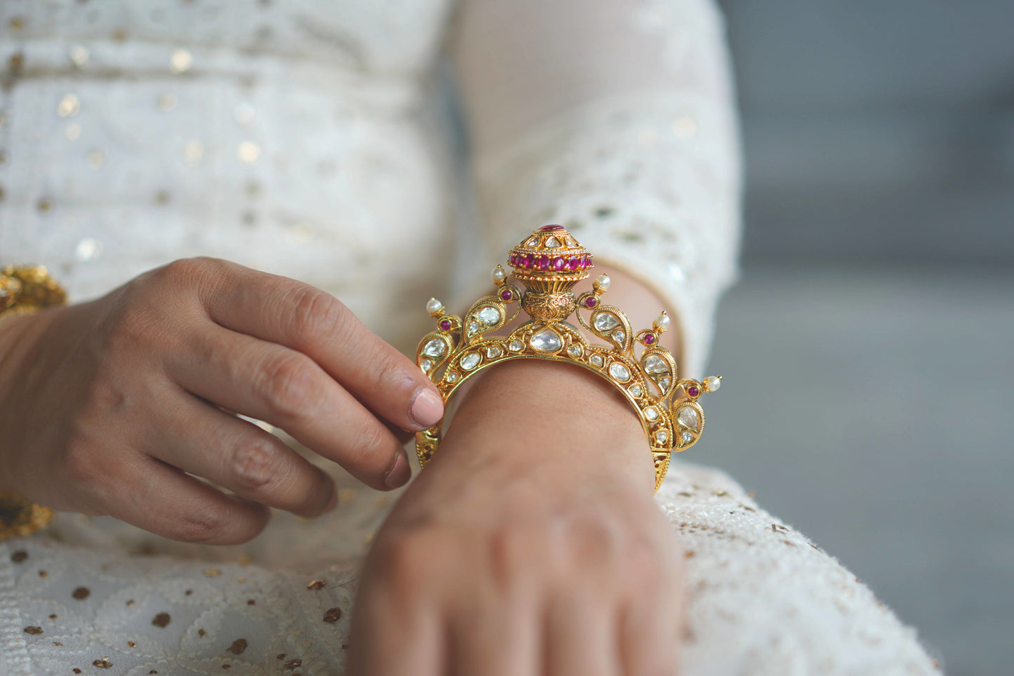 Gold Finish Traditional Kundan and Pearl Bangle