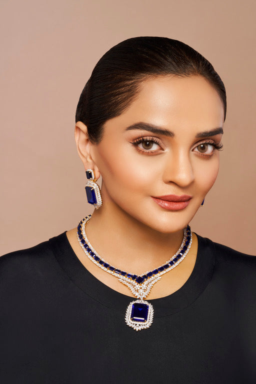 Crystal Studded Exquisite Necklace Set with Royal Blue Stone
