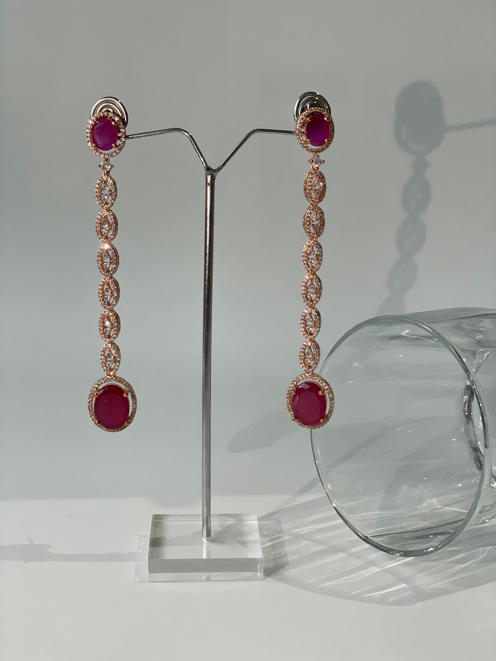 Rose Gold Plated Zircon Long Earrings with Red StoneStudio6Jewels