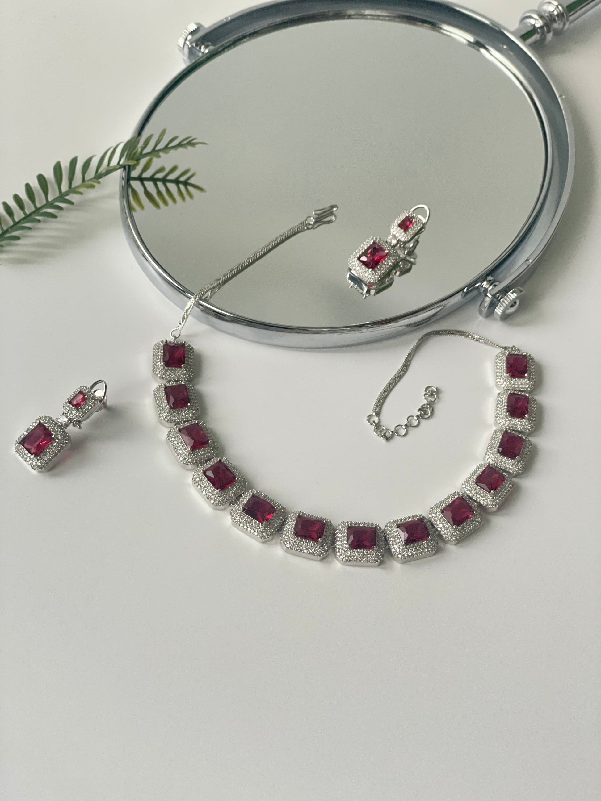 Rectangle Cut Red Synthetic Stone and Zircon Necklace SetStudio6Jewels