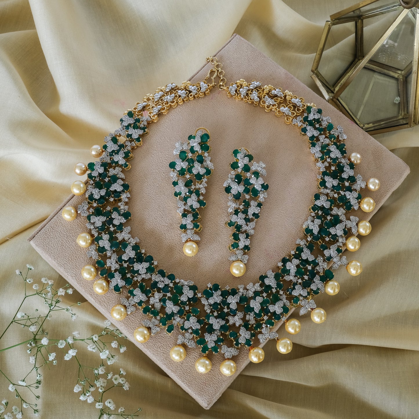 Exclusive Green Zircon Swarovski and Pearl Necklace SetStudio6Jewels