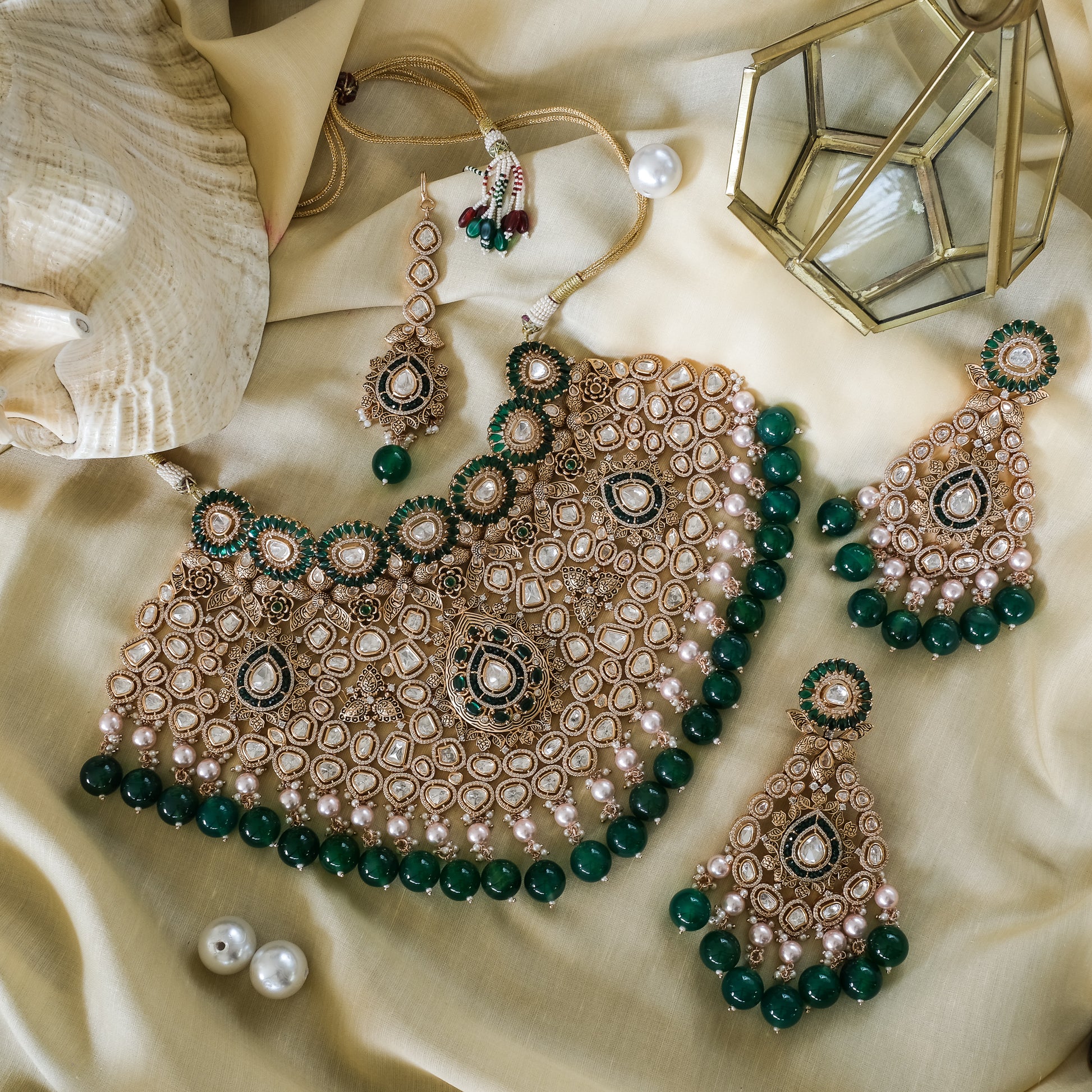 Kundan Regal Bridal Set with Green BeadsStudio6Jewels
