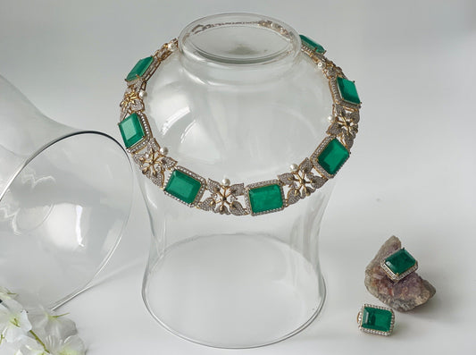 Zircon and Synthetic Emerald Doublet Chunky Necklace SetStudio6Jewels